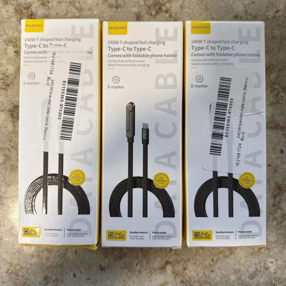 (3) 2-IN-1 240W Type C‎ to C Fast Charging Cable With Invisible Phone Stand